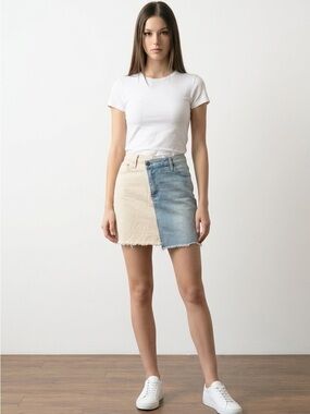 Alice + Olivia Two-Tone Denim Mini Skirt in Blue & Cream